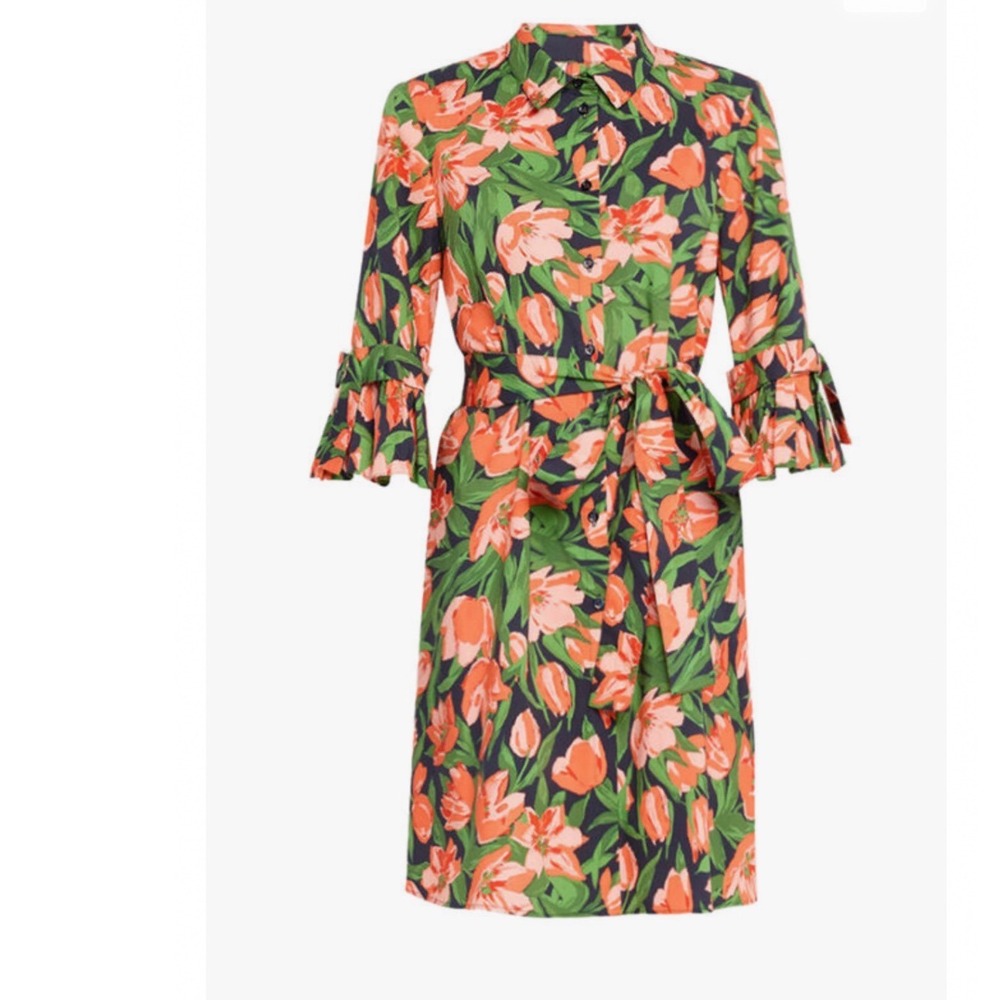 Carolina Herrera Midnight Tulip Print Bow Sleeve Mini Shirt Dress Size 8 Italy